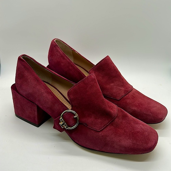 Tory Burch Shoes - Tory Burch Maroon Raspberry Red Block Heel Tess Loafer Shoes **Size 6**